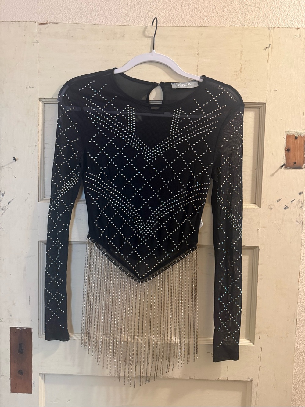 Blue B Rhinestone Fringe Black Mesh Bodysuit Top S
